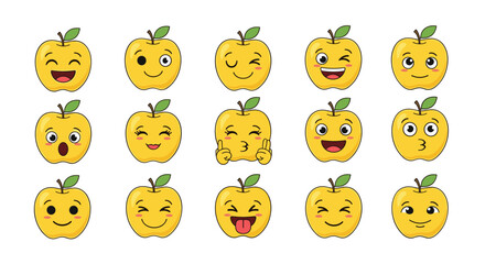 Collection of cute yellow apple characters with different facial expressions and emotions isolated on a white background.