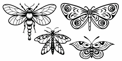 Stylized black and white illustration of various butterfly and moth species © Prosanta