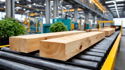 Fototapeta premium Wood planks moving on conveyor belt in factory