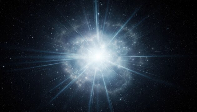 Heavenly white and blue light rays spreading across dark space, shimmering star dust glow, ethereal cosmic background