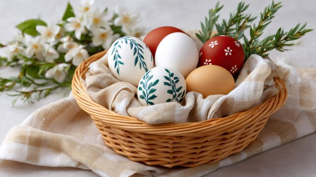 Easter eggs in basket with white flowers