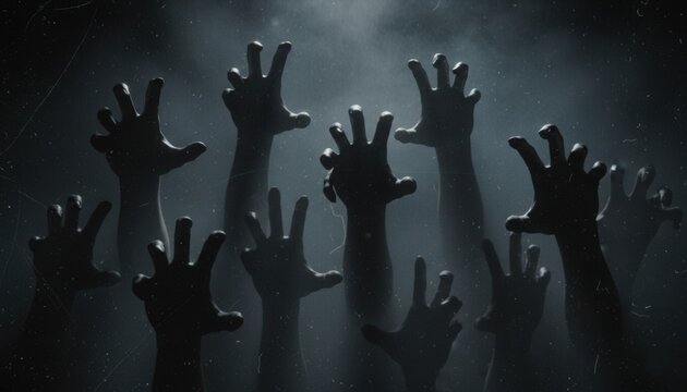 Multiple creepy shadow hands reaching forward, long nails and monster claws, Halloween overlay effect, smoky dark background