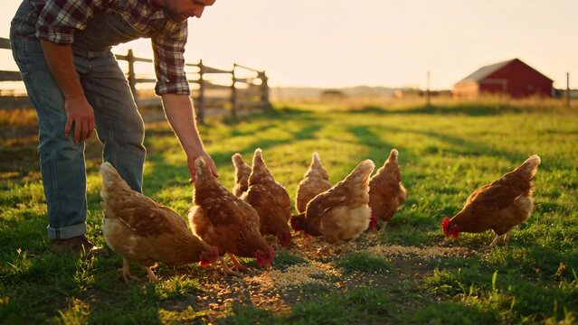 Farmer feeding chickens for Ethical Livestock Standards and Humane Farming Certification Commercial Marketing.