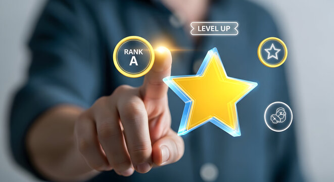 Hand touching glowing star icon with rank A and level up notification for gamification concept