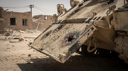 Fototapeta premium destroyed military tank in desert war zone landscape
