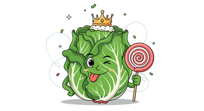 Funny green cabbage character wearing a golden crown and holding a large pink swirl lollipop with a silly face.