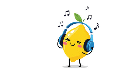 Energetic yellow lemon character wearing blue headphones and dancing while listening to music with floating notes.