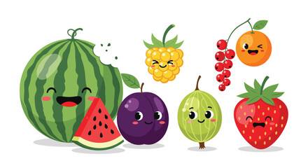 Fototapeta premium Group of cute fruit characters including watermelon, plum, raspberry, orange, and strawberry with happy faces on white background.