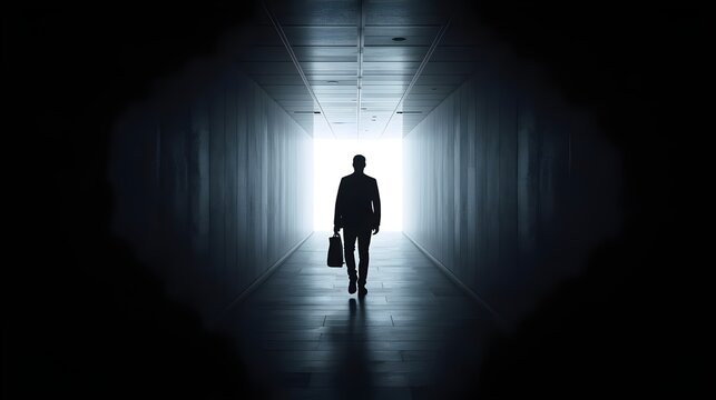 Silhouette of a businessman with briefcase walking through a dark minimalist tunnel toward a bright light