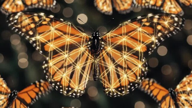 Cluster of monarch butterflies in flight, captured from a top-down viewpoint, showcasing intricate wing patterns and vibrant colors in a natural environment