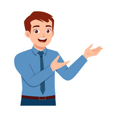 Smiling light skinned man in blue shirt and tie presenting with open hands happily cheerful expression