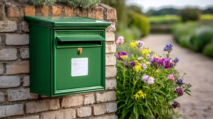 Fototapeta premium Green mailbox on brick wall by garden path