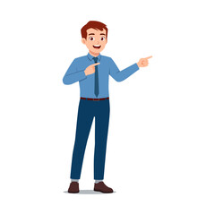 Fototapeta premium A friendly smiling man in a blue shirt and tie stands confidently pointing both left and right