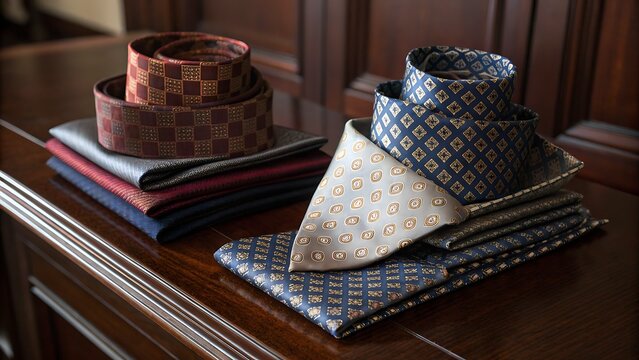 Stacked Silk Ascots in Geometric Patterns on Wooden Surface