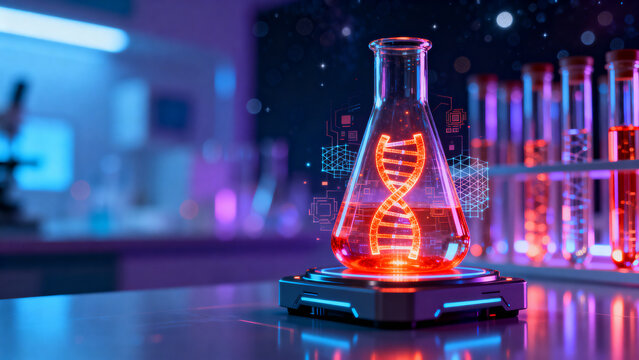 Glowing DNA helix in a lab flask on futuristic background. Genetics, biotech research, scientific innovation, molecular biology, genetic engineering, genome project.
