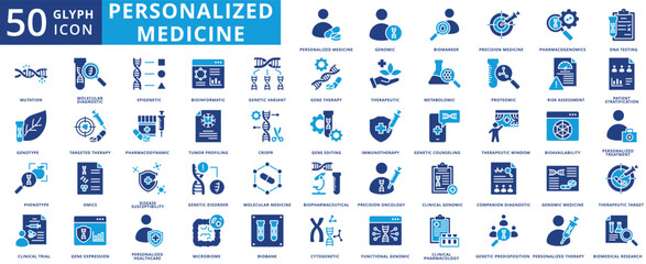 personalized medicine icon pack illustration contains biomarker, pharmacogenomics, metabolomic, proteomic, pharmacodynamic, biobank, omics, bioavailability, genotype, phenotype, bioinformatic © Iconjam
