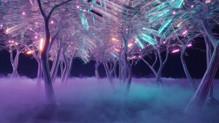 Fototapeta premium Enchanted winter forest illuminated by vibrant neon lights against a dark sky