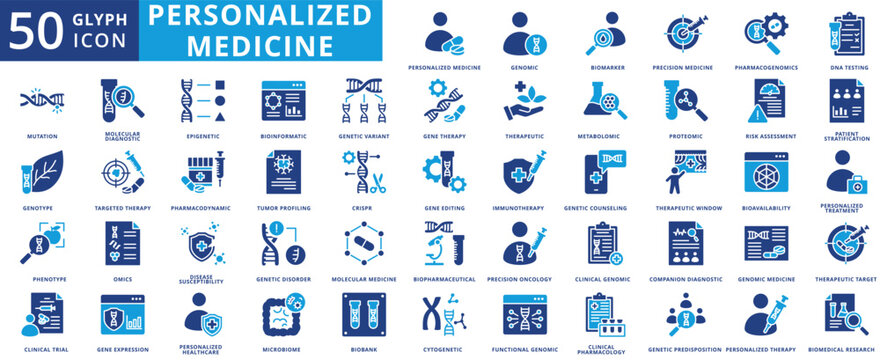 personalized medicine icon pack illustration contains biomarker, pharmacogenomics, metabolomic, proteomic, pharmacodynamic, biobank, omics, bioavailability, genotype, phenotype, bioinformatic