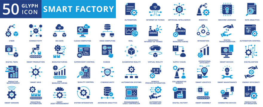 smart factory icon pack illustration contains rpa, ai, augmented reality, virtual reality, connected devices, programmable logic controller, data acquisition, human machine interface, big data