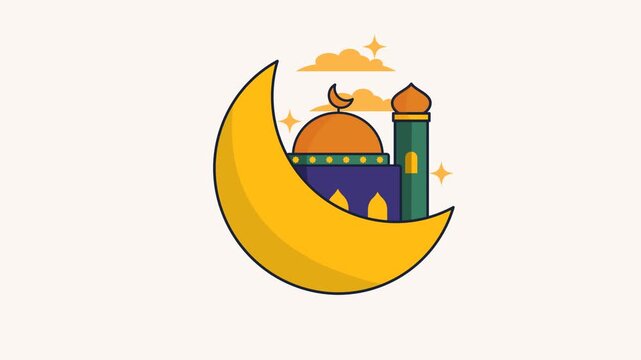 Animation crescent moon glows softly above a mosque as fluffy clouds drift among twinkling stars.
