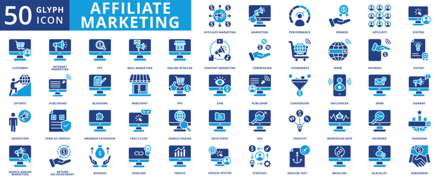affiliate marketing icon pack contains spam, terms of service, browser extension, fake clicks, return on investment, unique visitor, anchor text, commission, pagerank, patent, effort, backlink