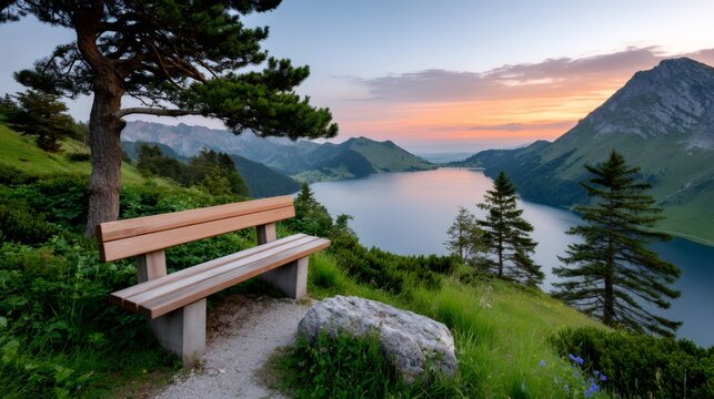 Empty wooden bench overlooking mountain lake at sunset
