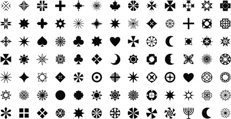Extensive collection of black solid silhouette icons featuring geometric stars crosses hearts moons and abstract floral ornaments for graphic design.Extensive collection of black solid silhouette icon