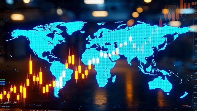 World map with financial charts
