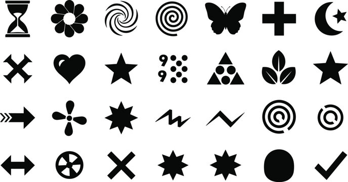 Large collection of black solid silhouette icons featuring a butterfly hourglass heart moon and various geometric star ornaments for graphic design.Large collection of black solid silhouette icons fea