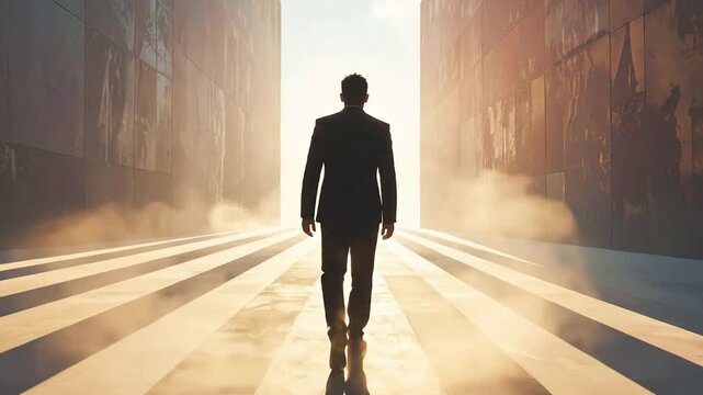 Man in a suit walks confidently towards a bright light between two imposing walls, symbolizing future success.