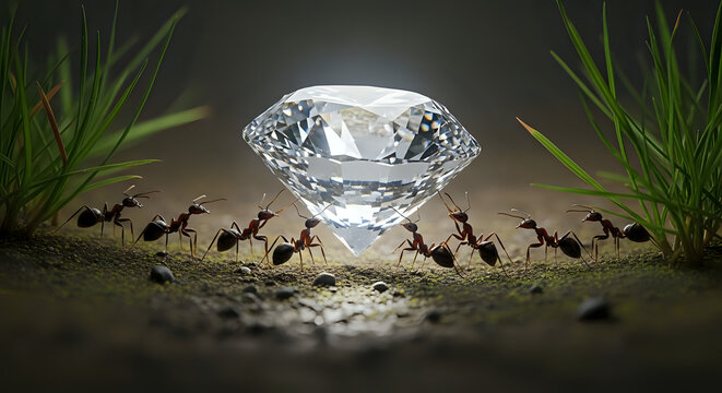 Ants working together to move giant diamond in natural setting