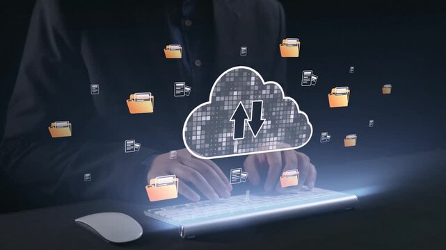 A conceptual illustration of cloud computing, featuring hands typing on a keyboard with floating file icons, symbolizing data uploading and online storage solutions. Qubit