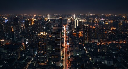 Obraz premium Elevated night view showcasing a cityscape illuminated with bright lights, a bridge, and a dark sky