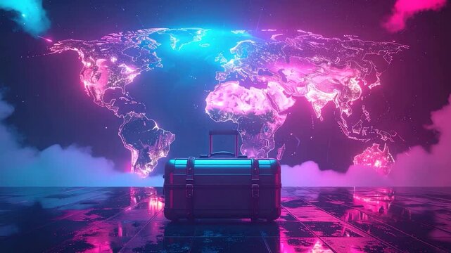 Futuristic world map glowing behind a suitcase on a neon-lit, wet floor