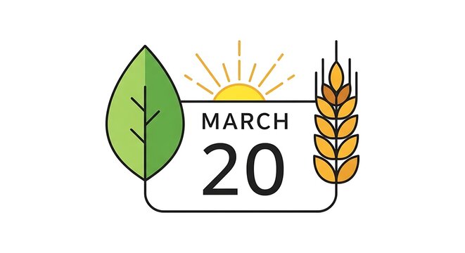 march, twenty, equinox, spring, sun, sunrise, leaf, green, wheat, grain, agriculture, nature, growth, season, calendar, date, symbol, icon, flat, illustration, harvest, plant, farming, beginning, rene