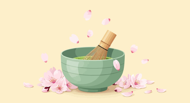 Matcha Tea Ceremony Set with Cherry Blossoms and Falling Petals