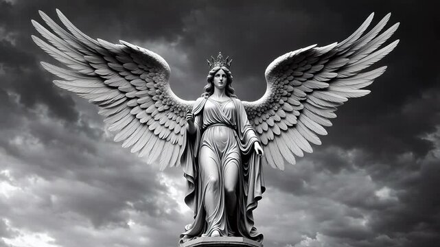 Angel statue with wings against cloudy sky