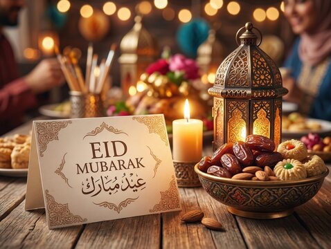 Eid mubarak card with lantern, candle and festive sweets