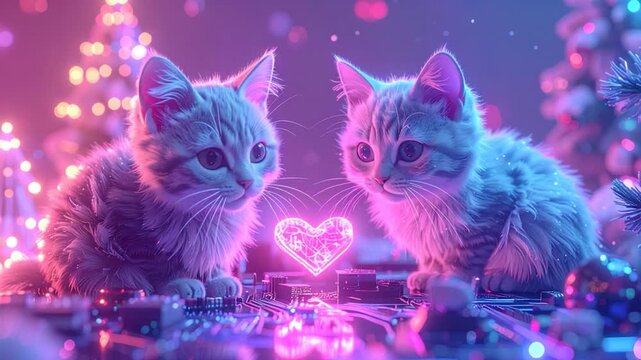 Two fluffy kittens gazing at a glowing heart, surrounded by festive lights
