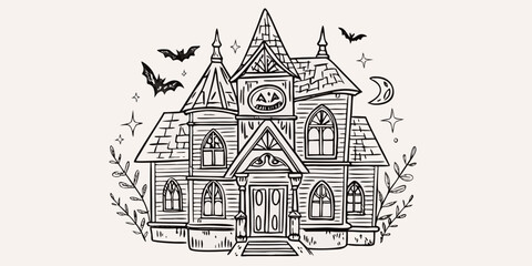 Obraz premium A detailed sketch of a spooky haunted house with bats and stars