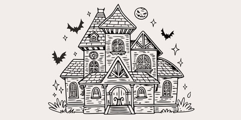 A detailed illustration of a spooky haunted house with bats and stars © Gita