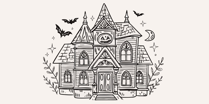 A detailed sketch of a spooky haunted house with bats and stars