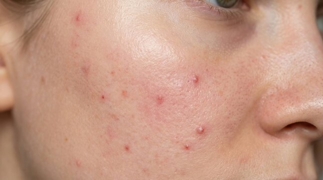 Close up of human skin with red acne pimples and inflammation