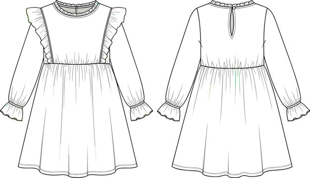 Technical fashion flat sketch of children&rsquo;s long-sleeved ruffled dress with gathered waist, flared skirt, keyhole back and garment construction details