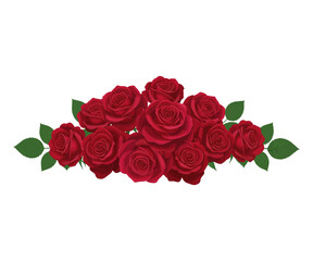 Fototapeta premium A beautiful bouquet of red roses with green leaves is isolated on white as a romantic floral gift for Valentine's Day or a wedding celebration of love