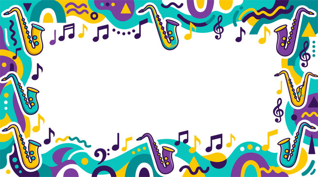 Vibrant cartoon musical border with saxophones and notes on a colorful abstract background.