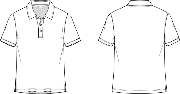 Technical fashion flat sketch of short-sleeve polo shirt front and back view with collar, button placket, cuffs, hem, and side slits