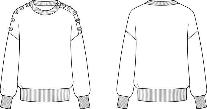 Technical fashion flat sketch of sweatshirt front and back view with shoulder button detail, ribbed cuffs, neckline, hem construction design