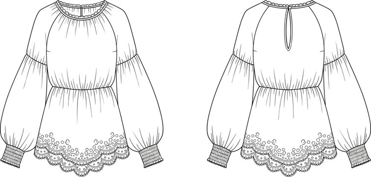 Technical fashion flat sketch of women&rsquo;s blouse front and back view with puff sleeves, ruffle neckline, peplum waist, scalloped embroidered hem