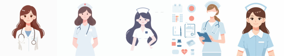 Fototapeta premium Female doctors and medical professionals in various roles.
